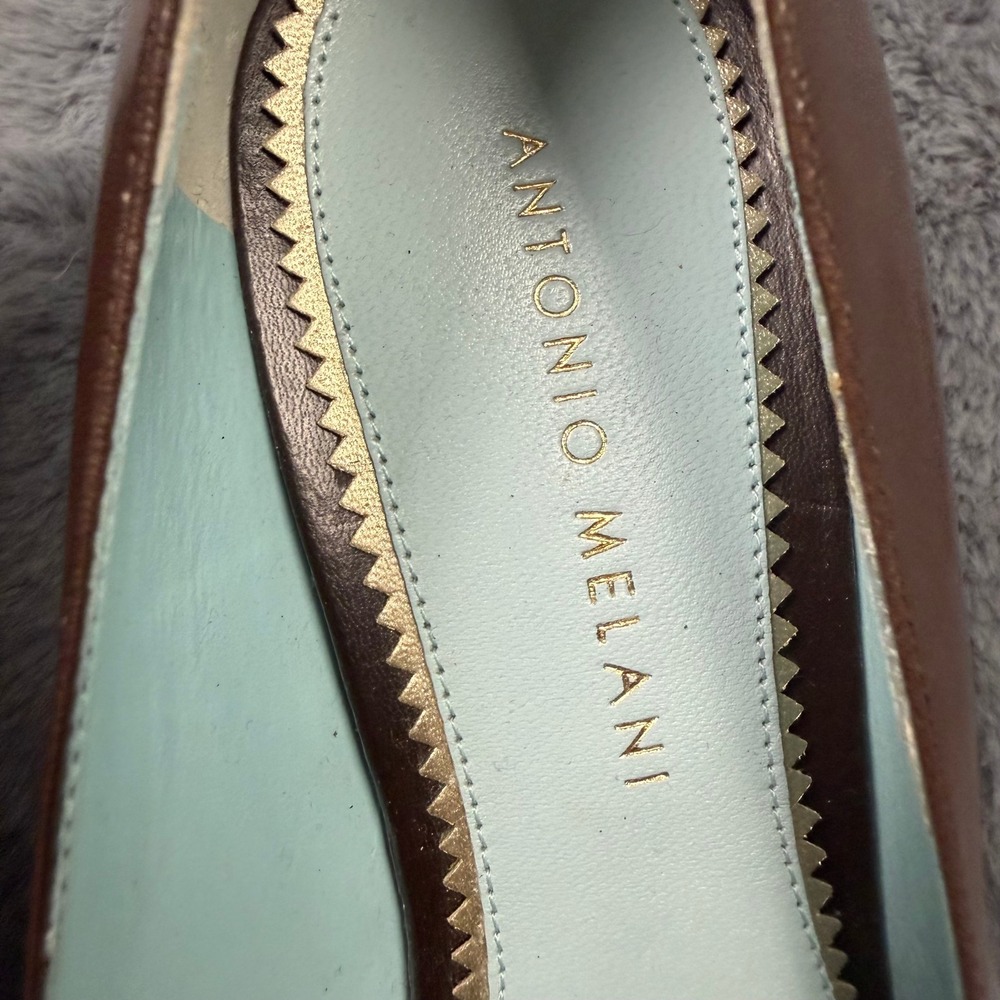 Antonio Melani Pumps Women 7M Brown Leather Pointed Toe Bow Kitten Heel - Picture 4 of 10
